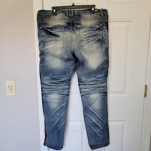 PREME Mens Distressed Red Black Side Stripe Moto Denim Jeans Streetwear 38 / 34 - Picture 8 of 13